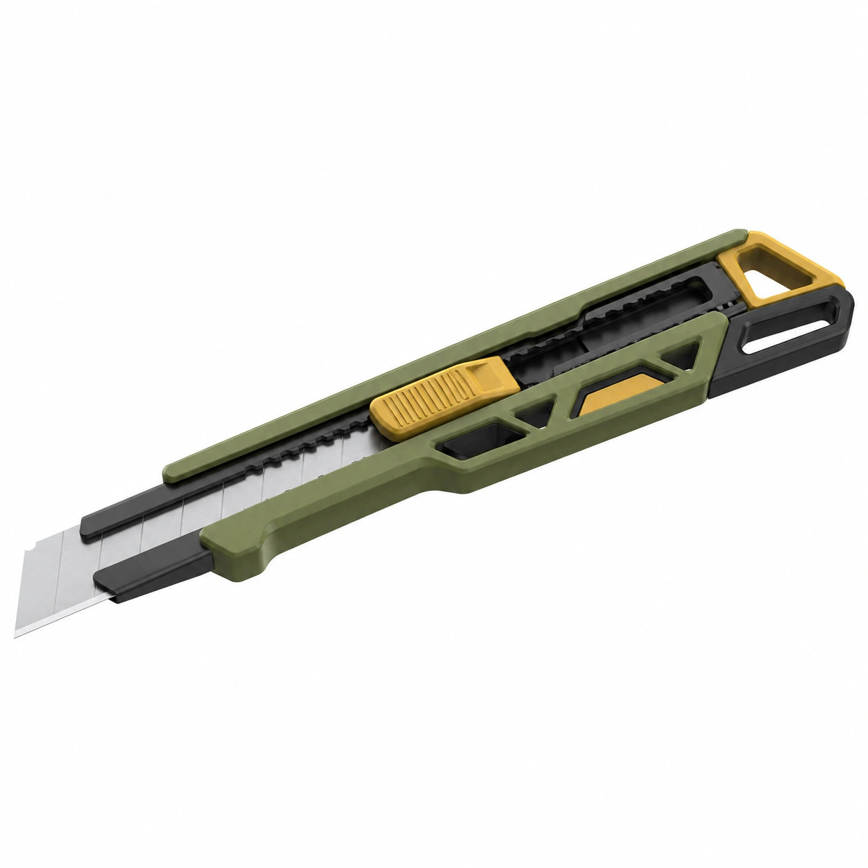 Cutter Retráctil de Seguridad Multiusos Verde/Negro/Amarillo
