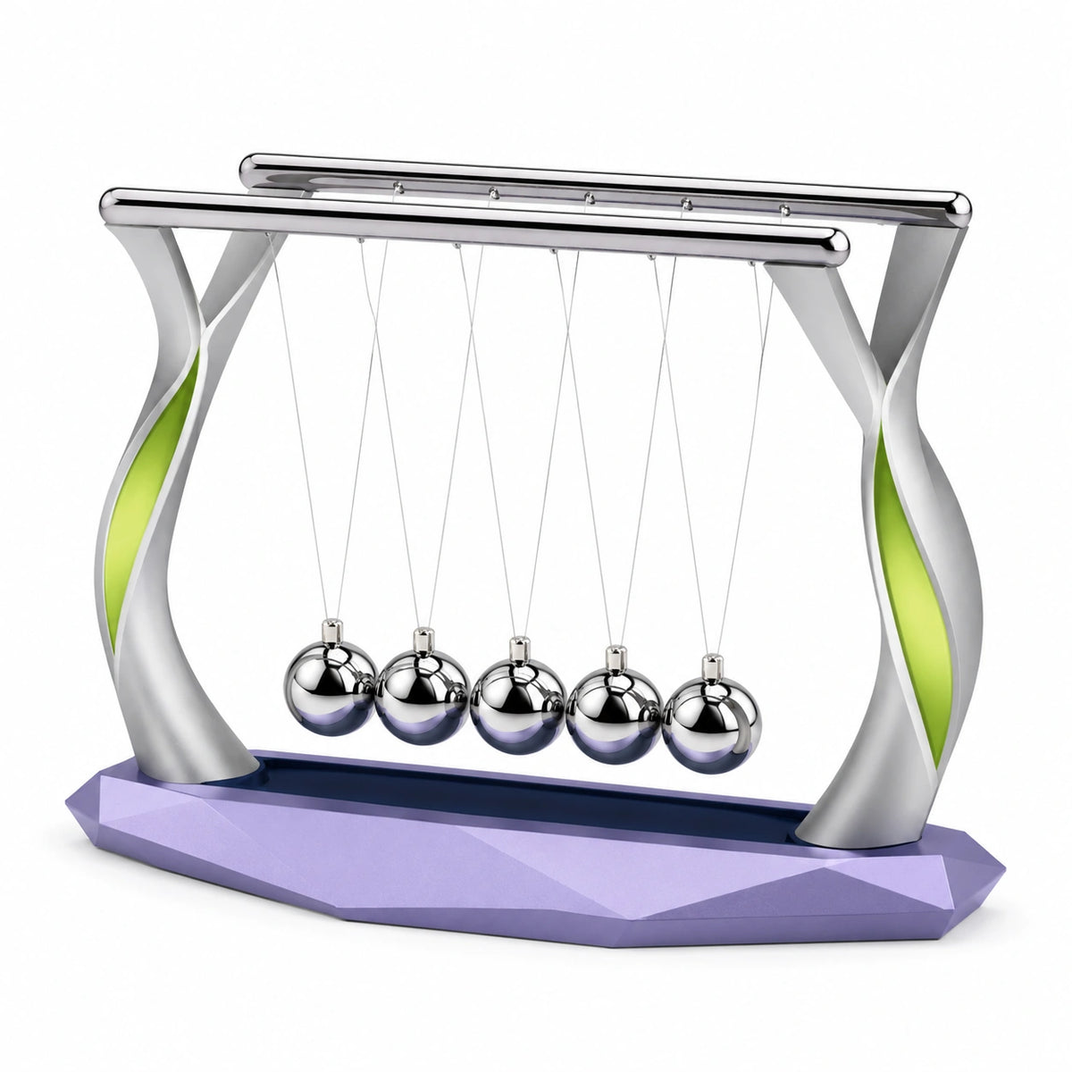 Péndulo de Newton Decorativo con Base en Violeta y Detalles Verdes