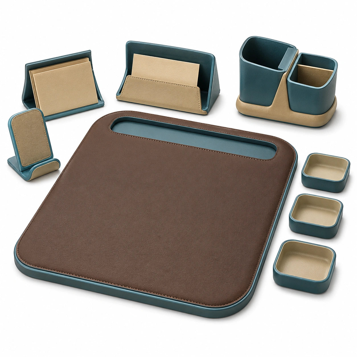 Conjunto de organizadores de escritorio marrón y azul con porta tarjetas y portalápices