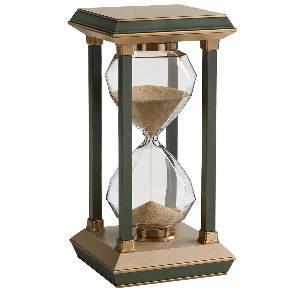 Reloj de Arena Decorativo de Vidrio con Marco Dorado y Verde