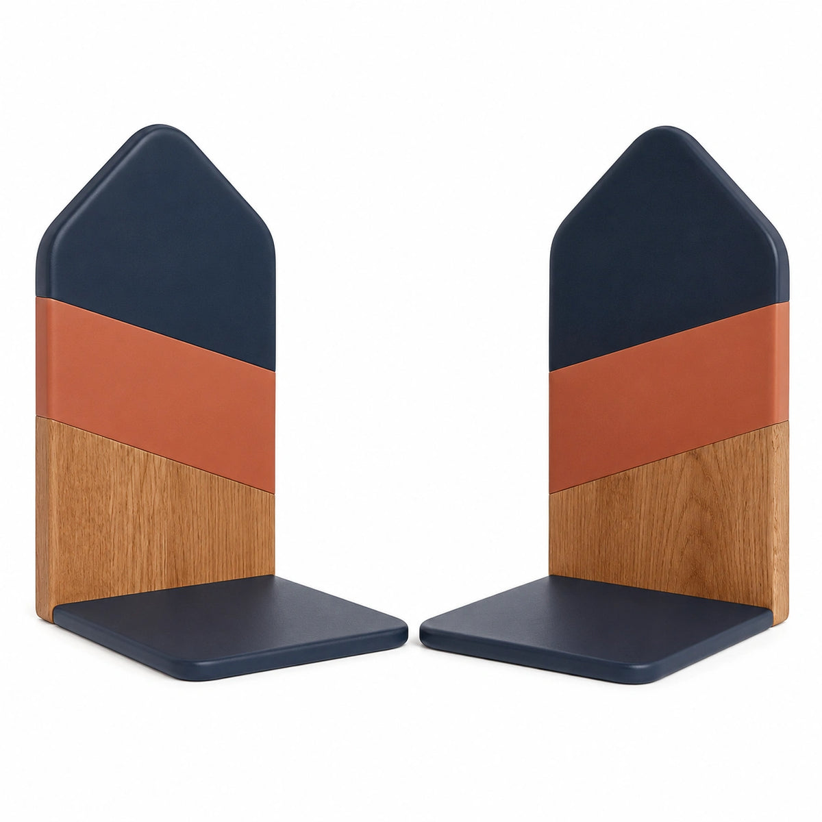 Sujetadores de libros geométricos azul marino, marrón y madera